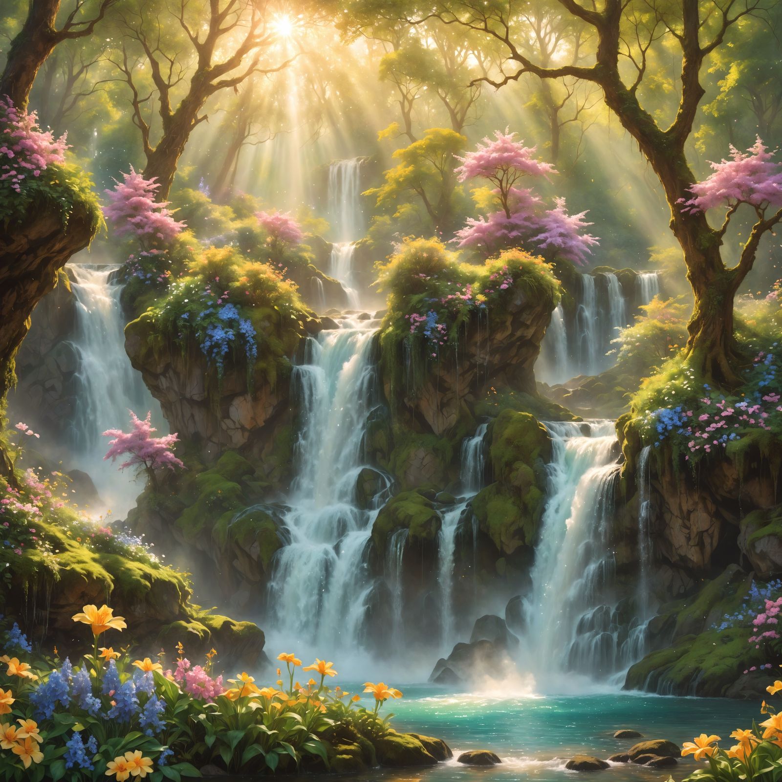Enchanted Fairy Waterfall in Impressionistic Oil Painting