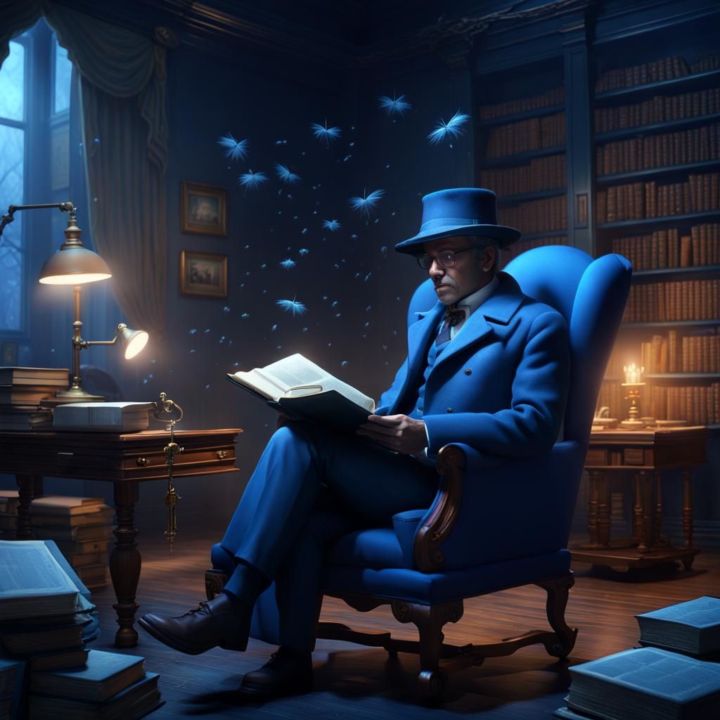 Blue Detective Reading in a Surreal Room, Digital Art
