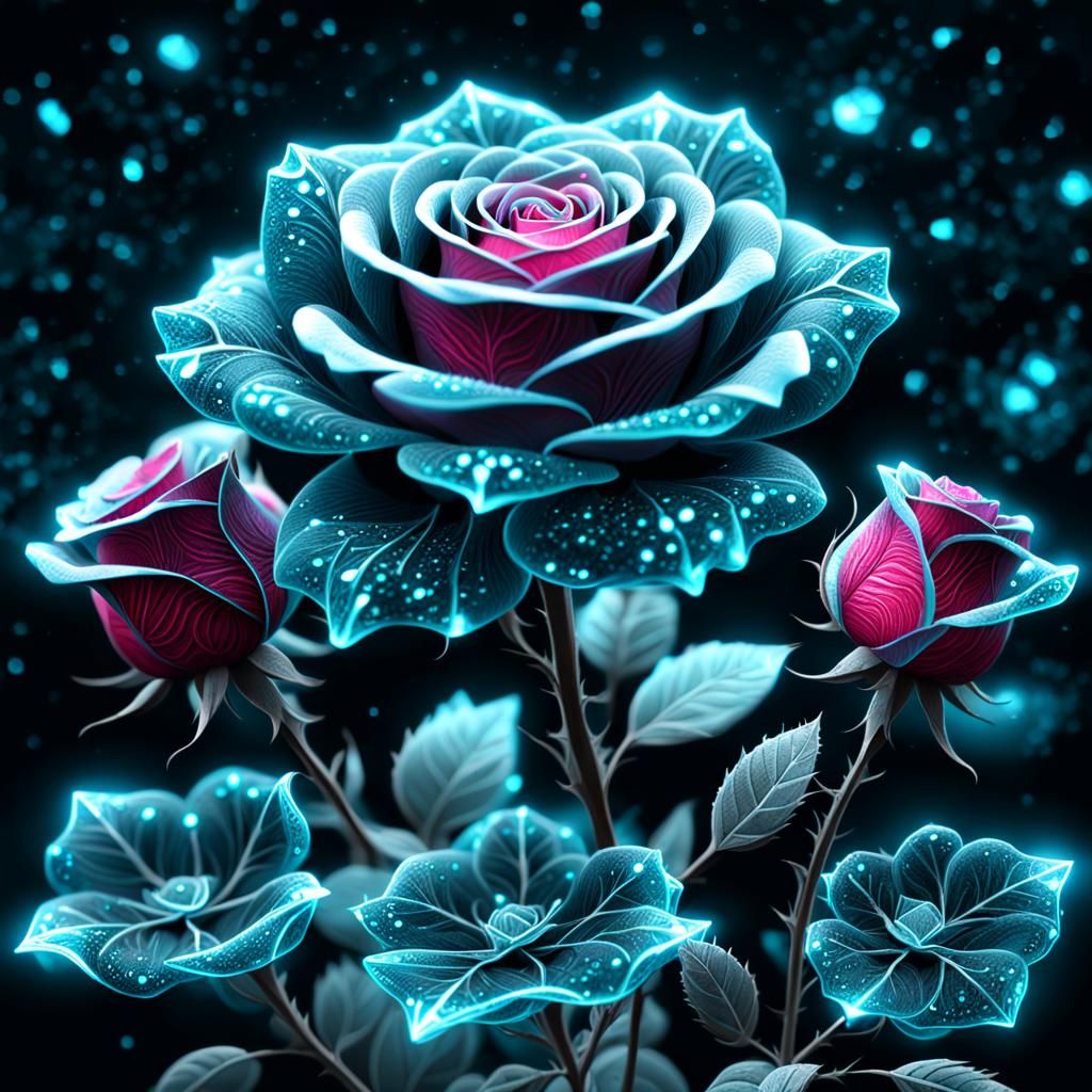 a gorgeous bioluminescent rose made as cyan glow constellation surrounded by astonishing bioluminescent crystal fractal,...