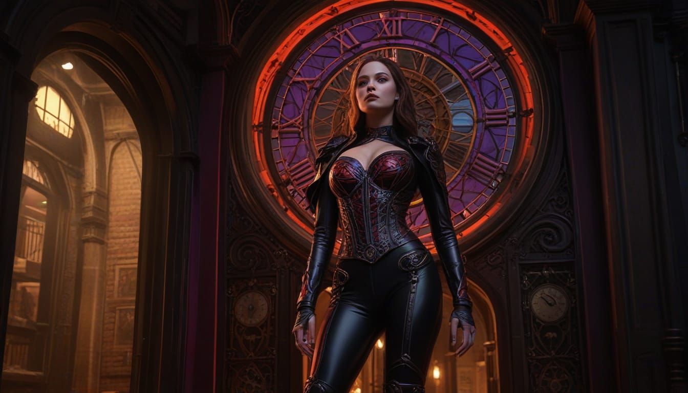 Sultry Gothic Goddess in Latex Catsuit, Surrounded by Clockw...