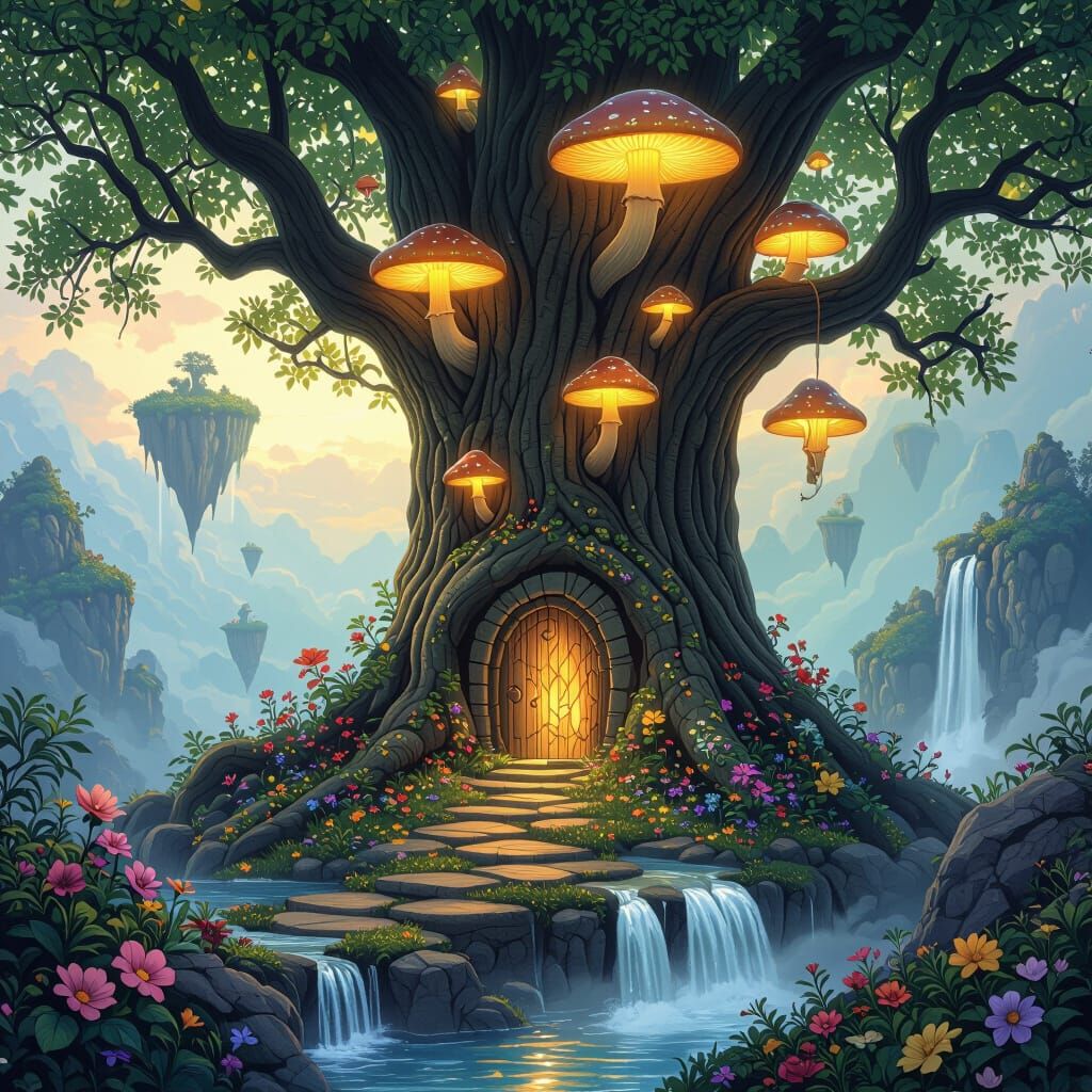 Enchanted Tree with Glowing Mushrooms and Floating Islands