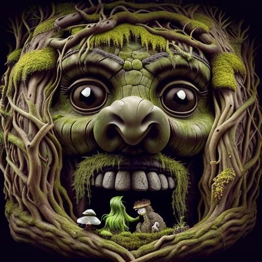 Surreal Stone Face Monument in Fantasy Forest