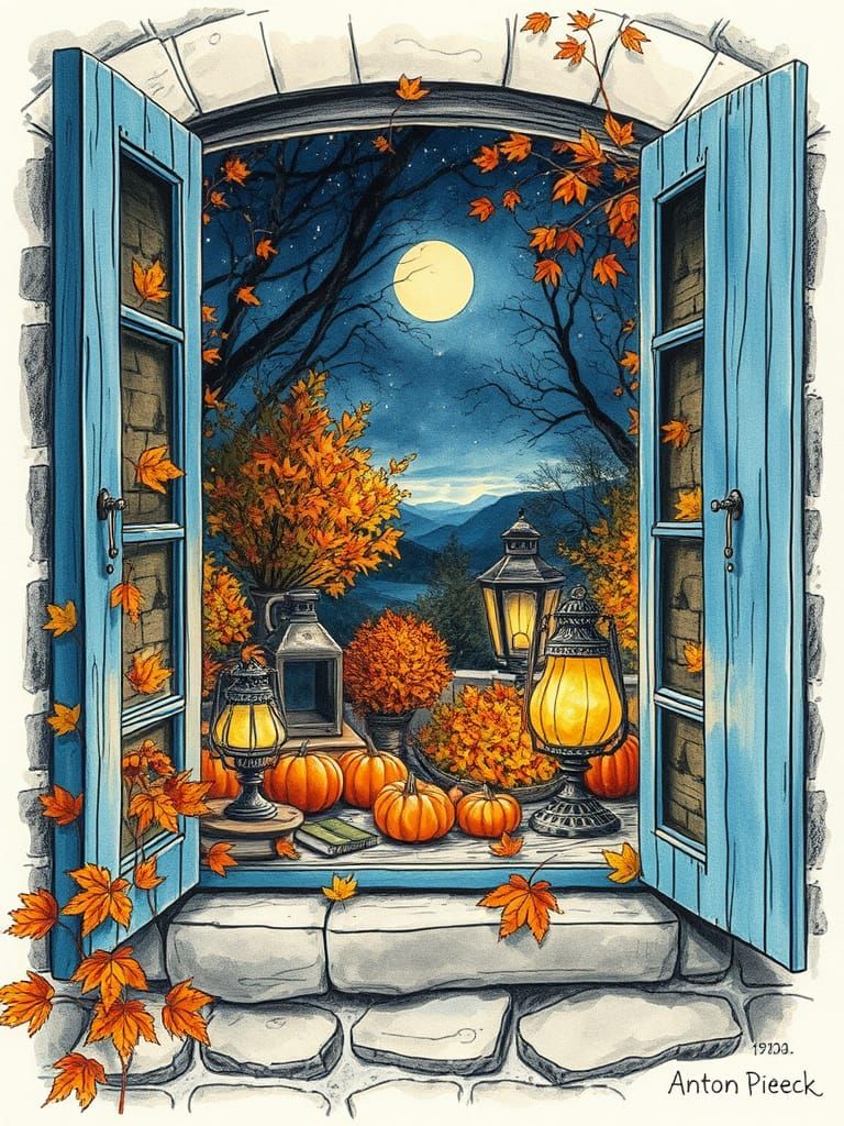 Cozy Autumn Night Through Rustic Window