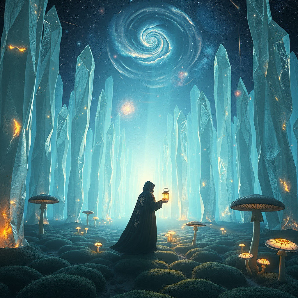 Ethereal Figure Wanders Through Aurora Crystal Forest