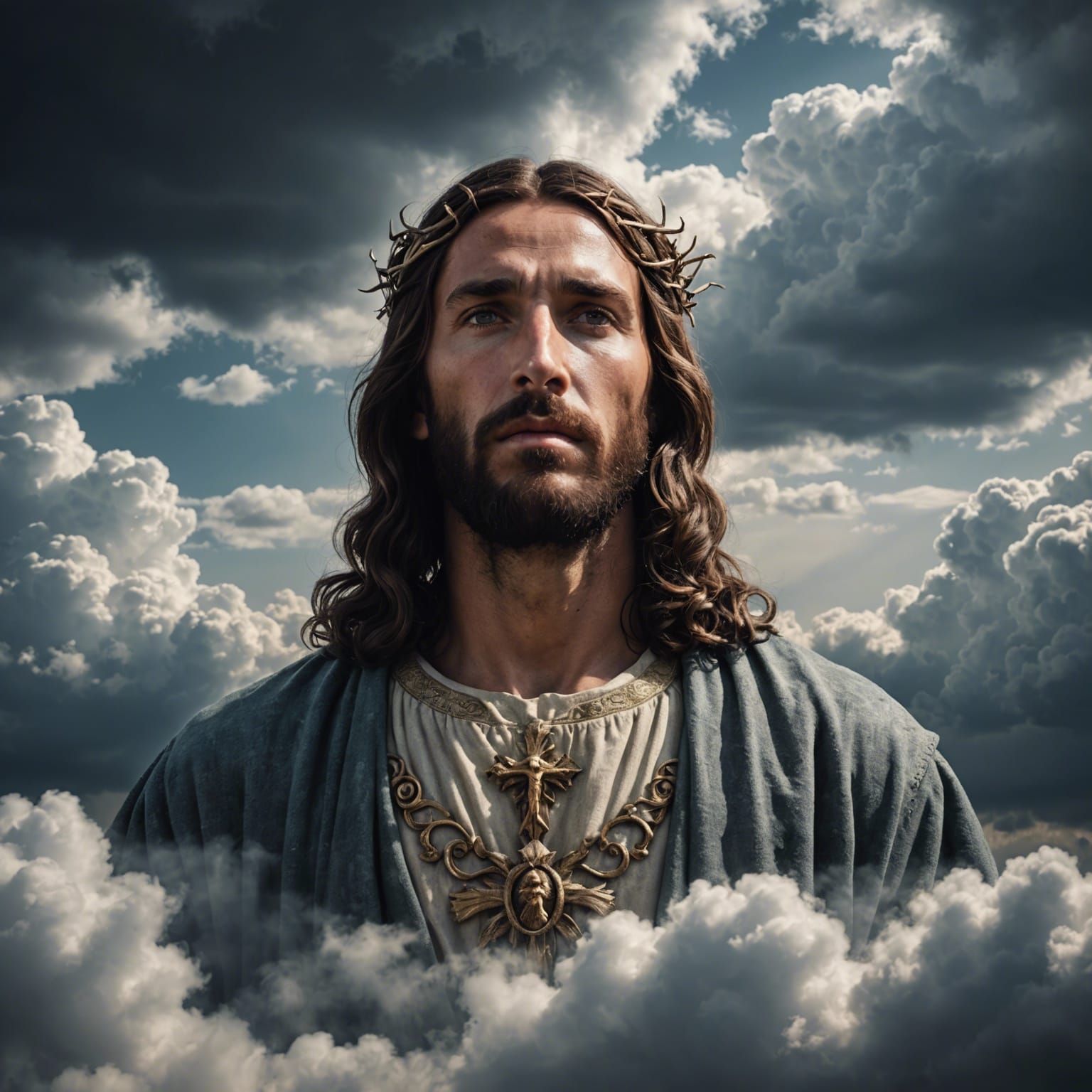 Hyperrealistic Jesus Christ in Heavenly Clouds
