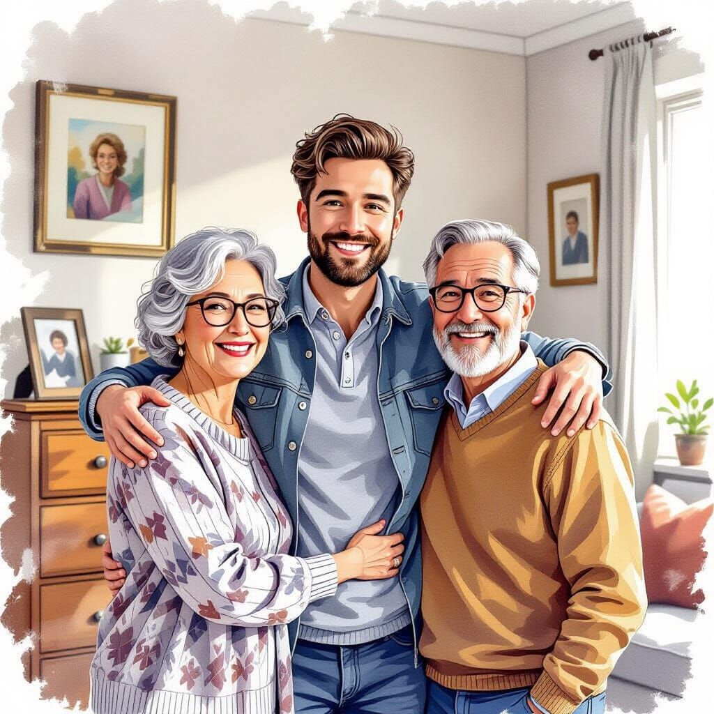 Cozy Family Portrait in Watercolor Pencil Style
