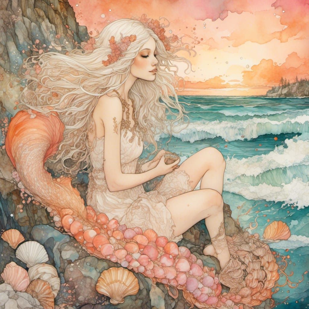 Seashell Mermaid in Rebecca Guay Art Style