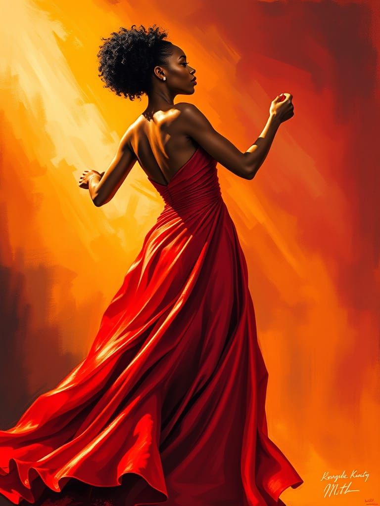 Elegant Black Woman Dancing in Red Gown, Fine Art