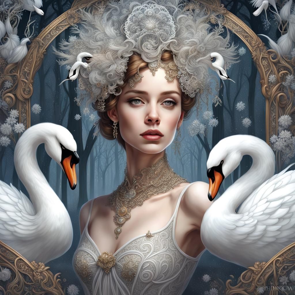Steampunk Ballerina with Swans in Winter Forest