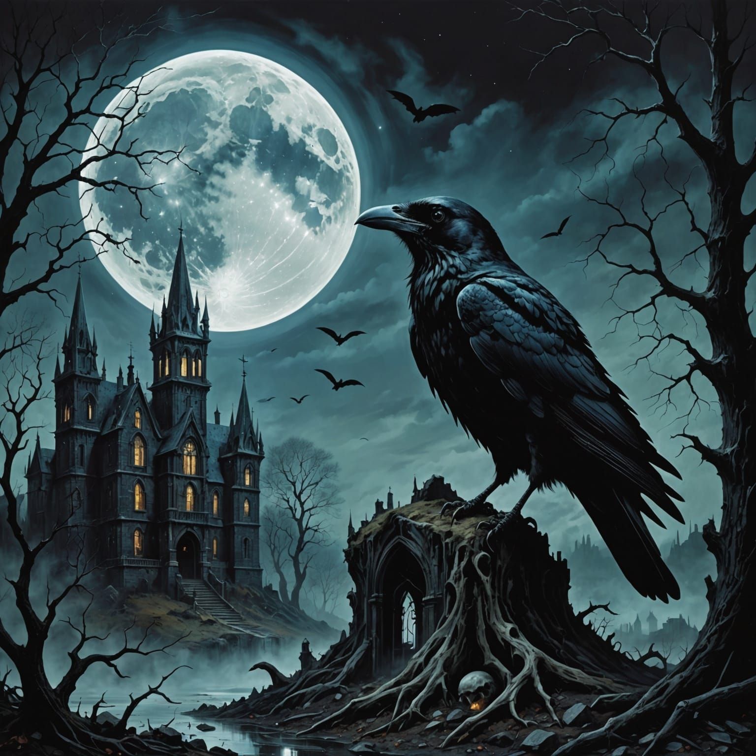 Eerie Gothic Landscape with Weeping Eye Moon