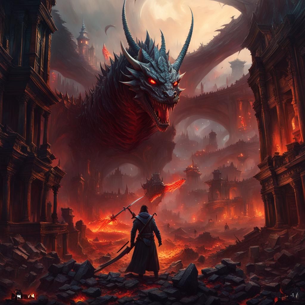 Dragon Rider Above Ruined City in Digital Art