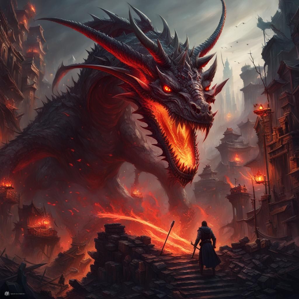 Dragon Rider with Scythe Over Ruined City