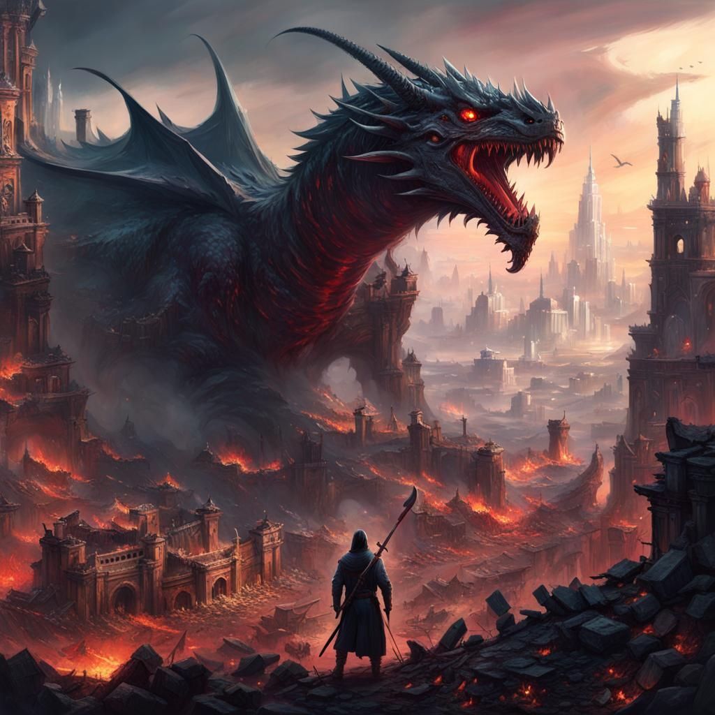 Dragon Rider Above Ruined City, Hyperdetailed Fantasy Art