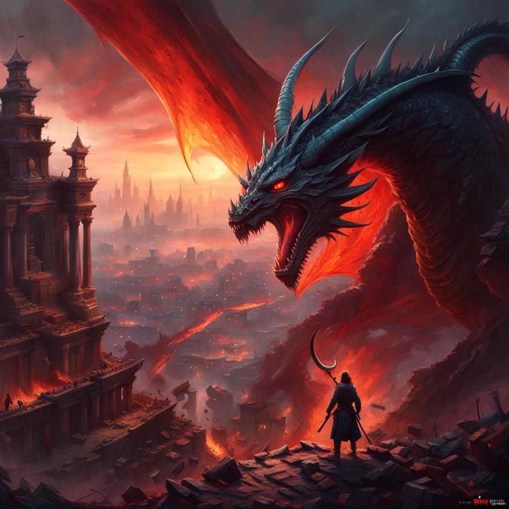 Dragon Rider Above Ruined City in Fantasy Art Style