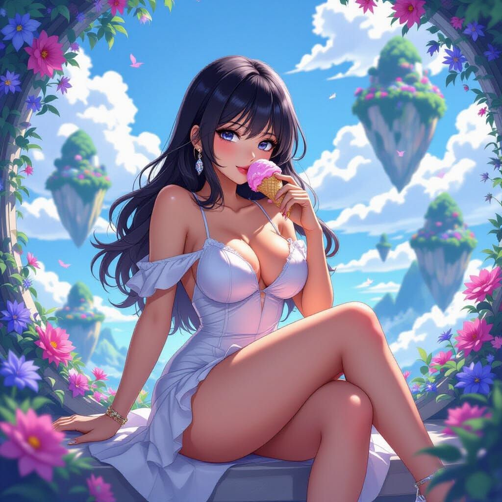 Anime Pin-Up Woman Eating Ice Cream Amidst Floating Islands