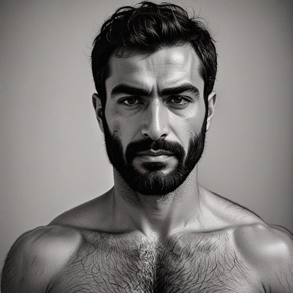 Handsome Hirsute Arab Hero in Sharp Line Drawing