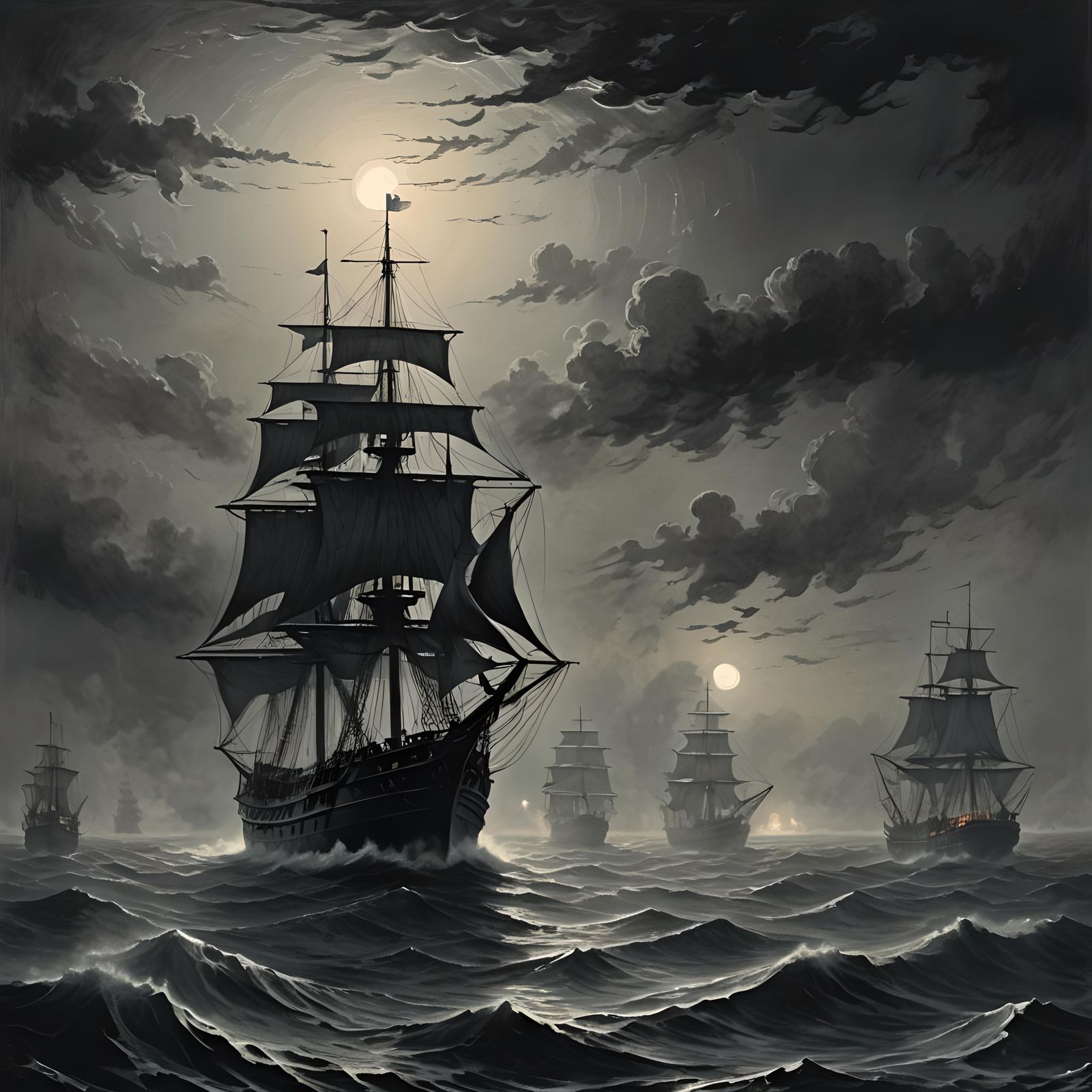 Black Ship on a Foggy Midnight Sea