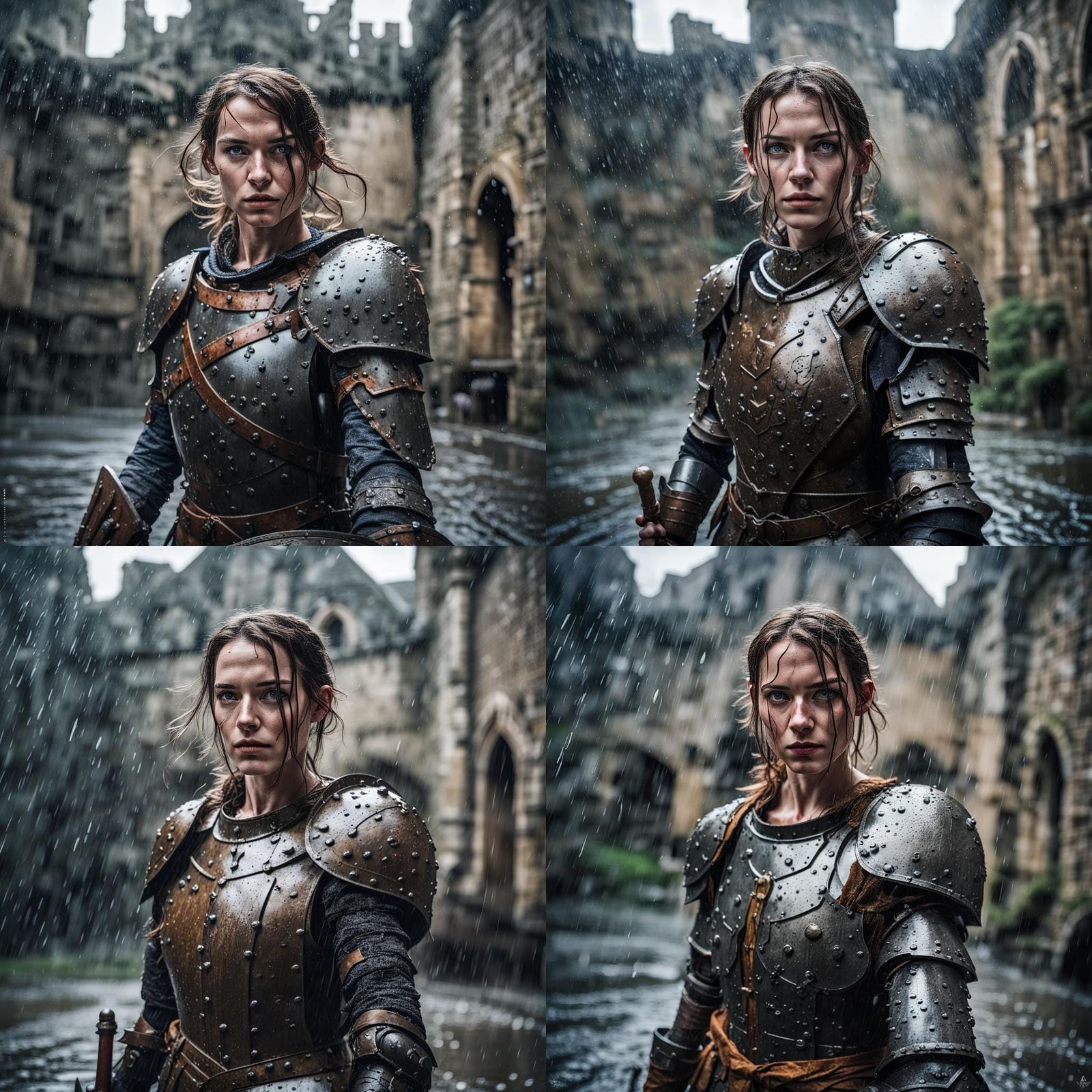 Woman Warrior in Armor Stands in Rainy Ruins