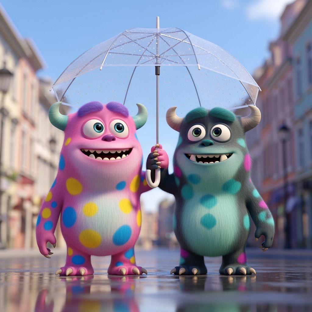 Cartoon Monsters Share Umbrella in Rainy City