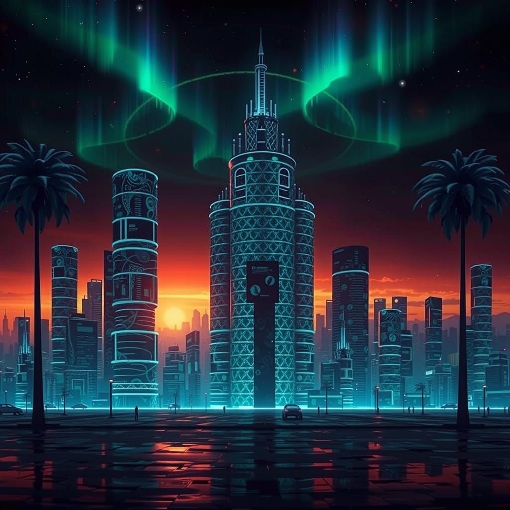 Ethereal Holographic Metropolis in Vibrant Iridescent Hue