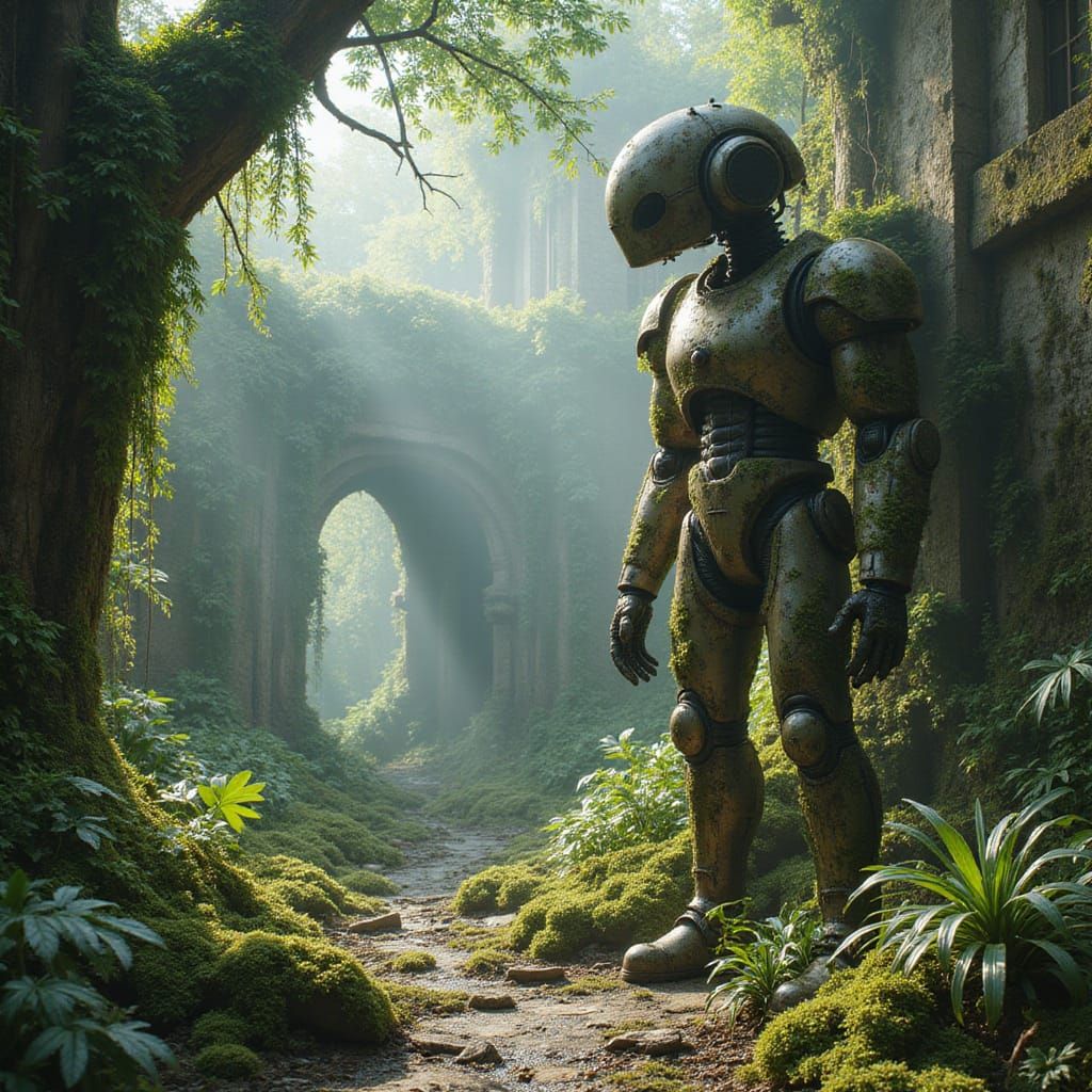 Weathered Automaton in Overgrown Alien Jungle
