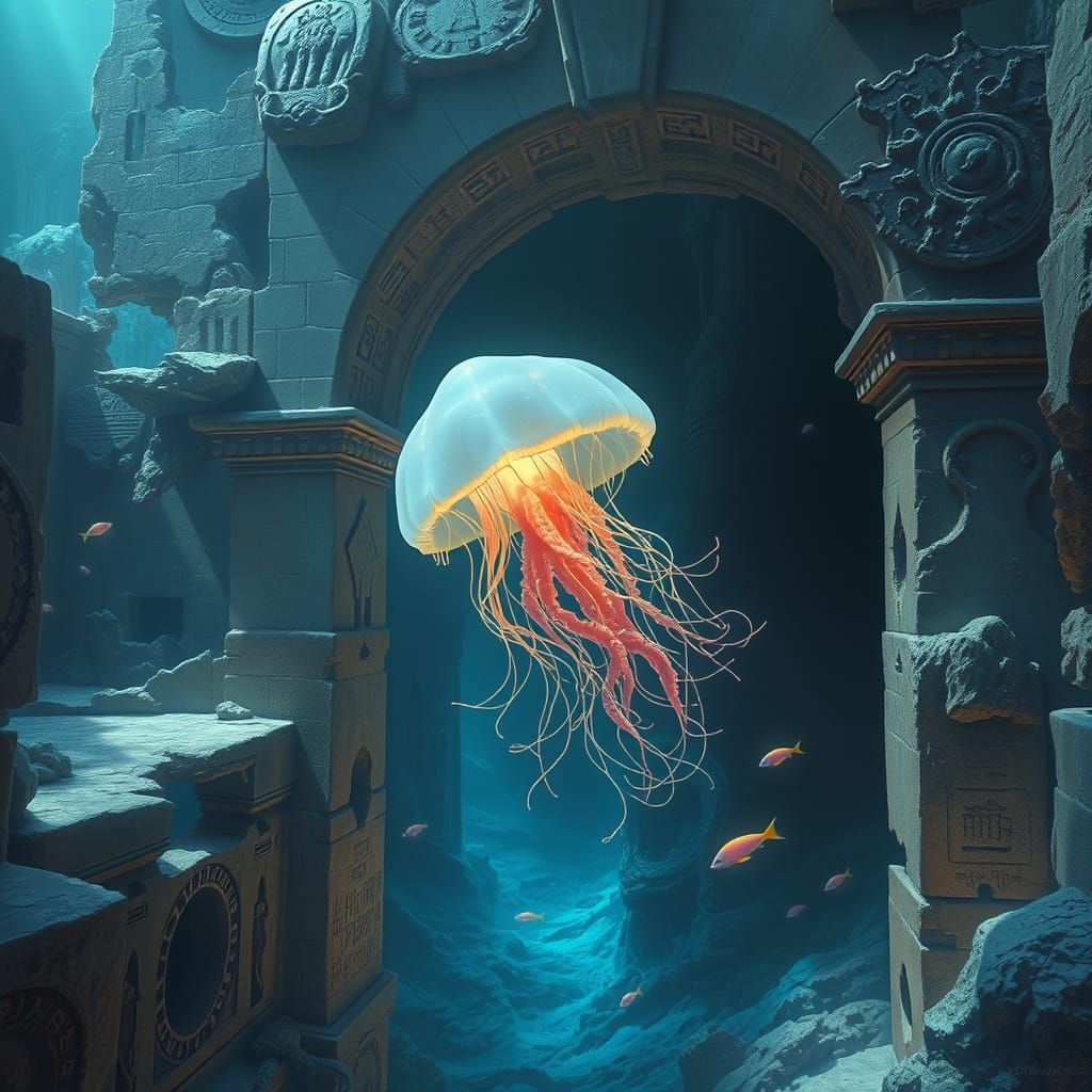 Bioluminescent Jellyfish in Sunken City Ruins