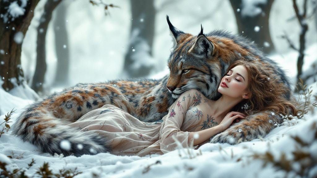 Woman and Lynx in Snowy Forest, Whimsical Digital Art