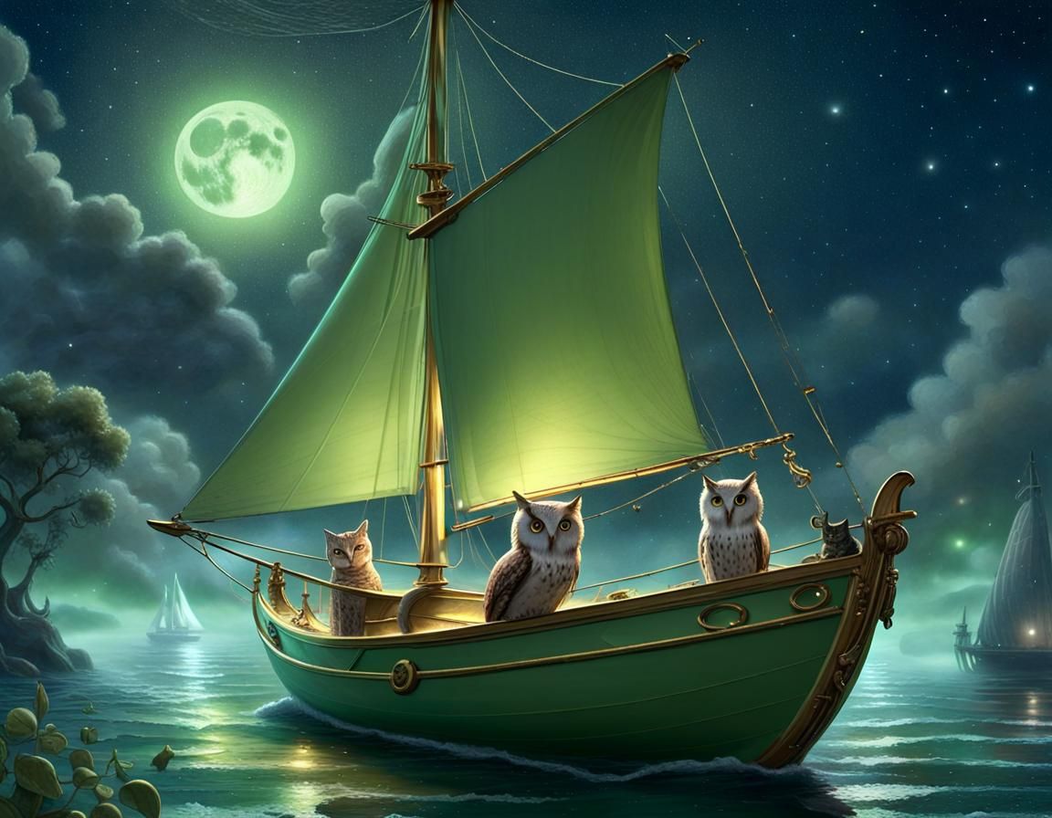 Owl and Cat in Pea-Green Boat: Ethereal Fantasy