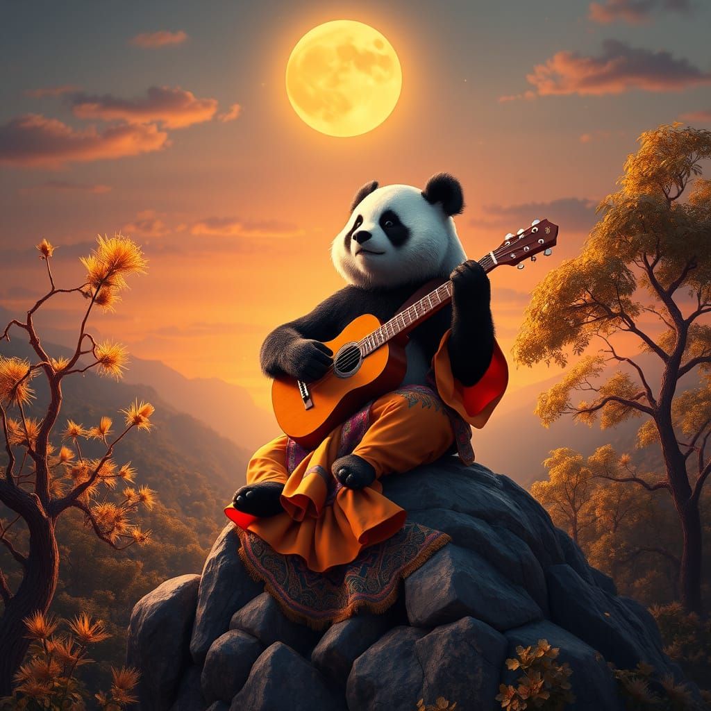 Majestic Panda Serenades Sunset Landscape