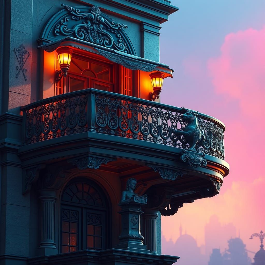 Elegant Balcony with Statue in Hyperrealistic Style