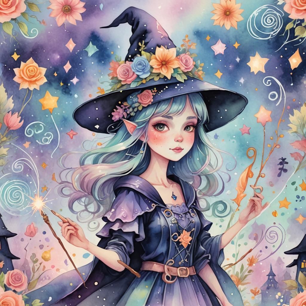 Cute Pastel Witch with Sparkling Wand
