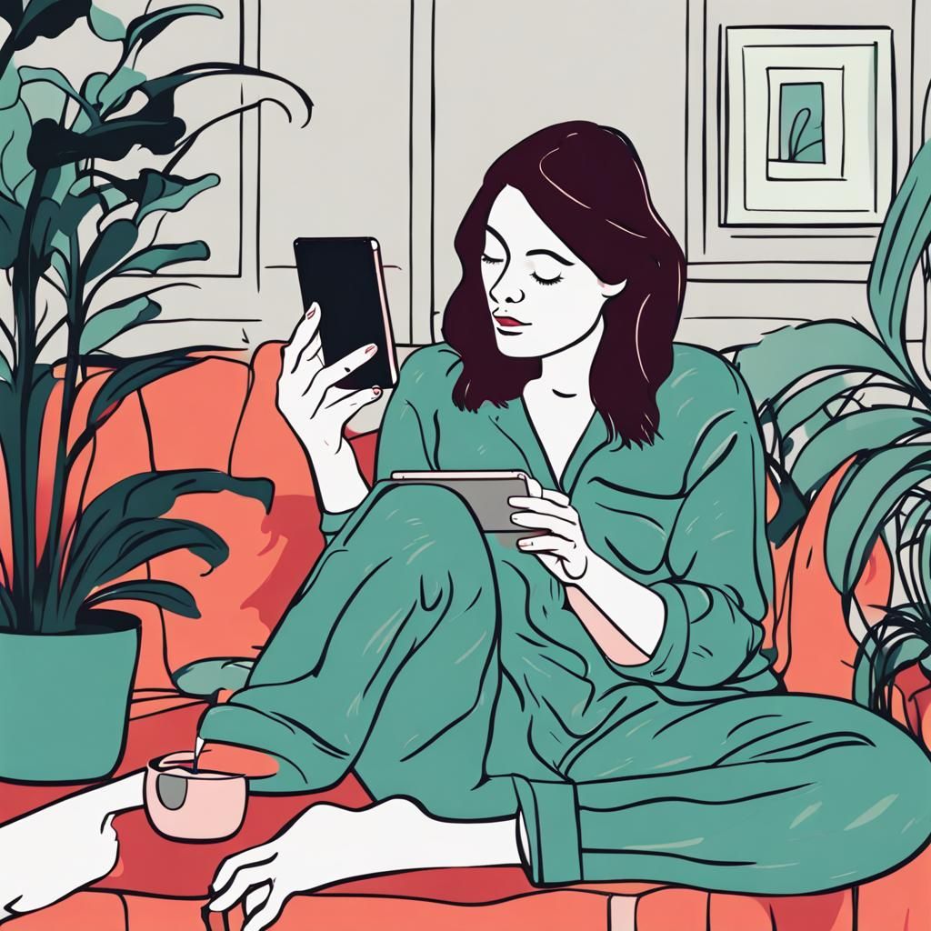 Woman with E-Reader in Abstract Art Style