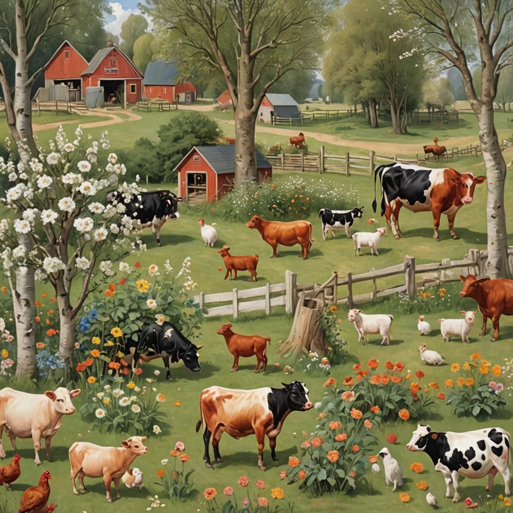 Charming Farmyard Scene with Animals and Birch Trees