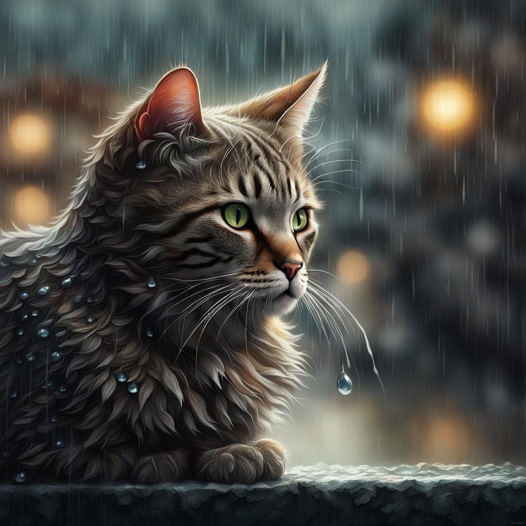 Sorrowful Cat Shivering in Rain: Detailed Matte Painting