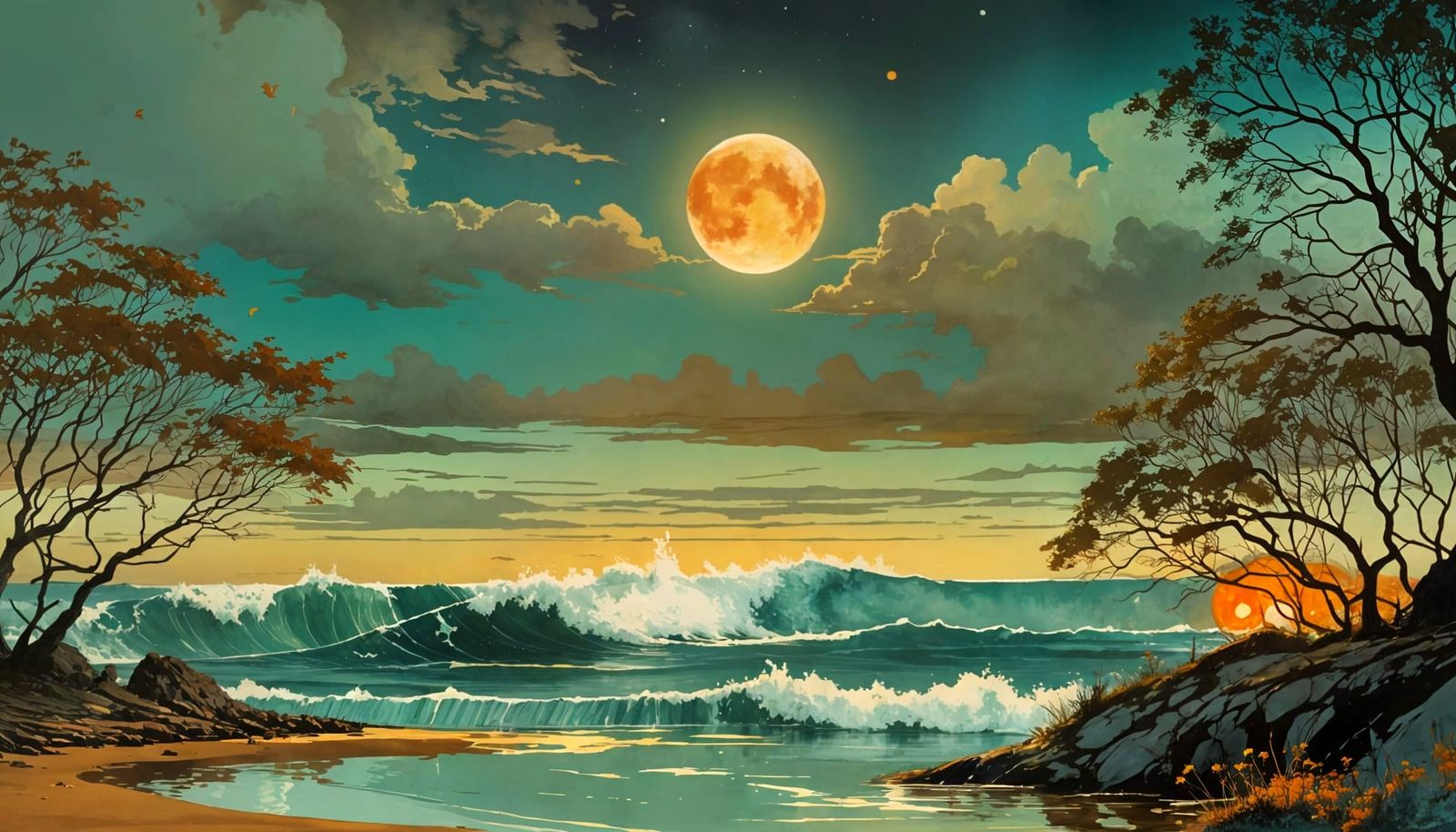 Turquoise Sea Under Golden Moon: Watercolor Painting