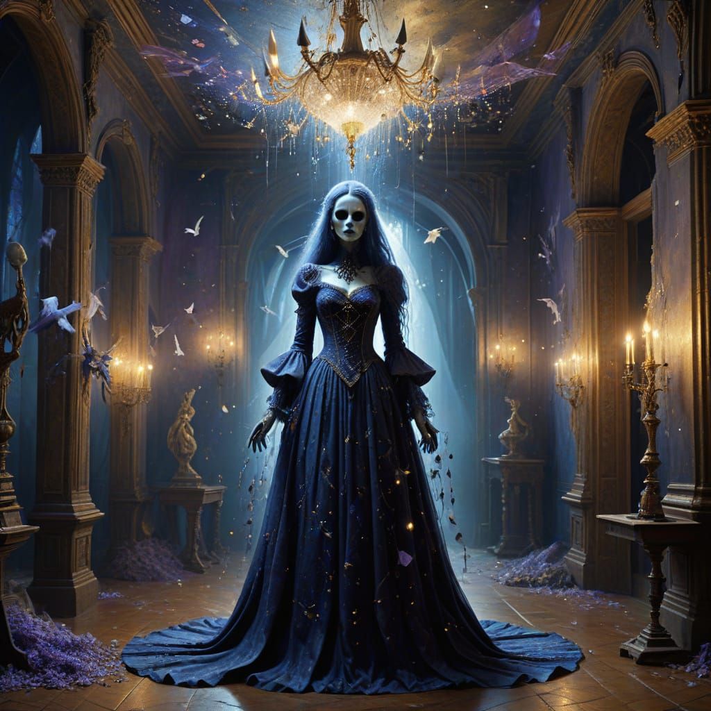 Ghostly Confetti Explodes in Haunted Hall Oil Painting