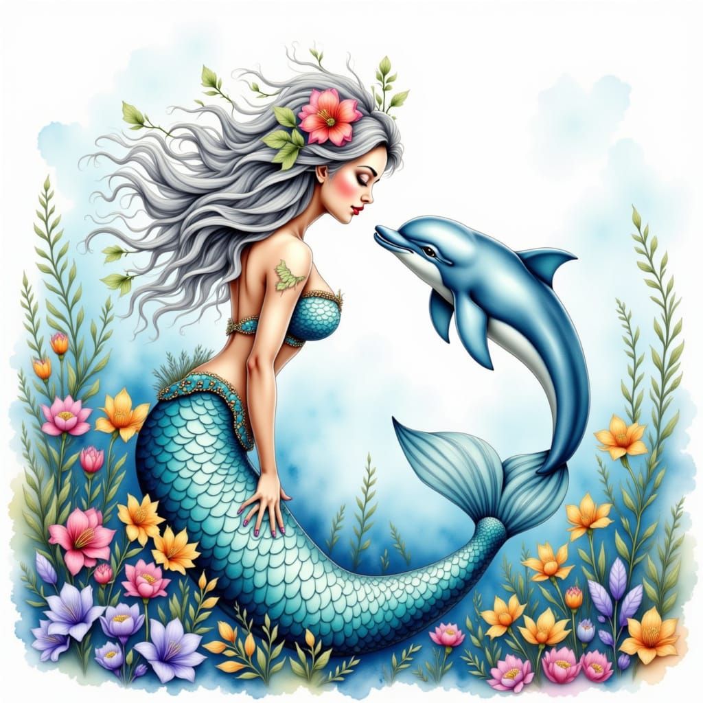 Mature Mermaid in Serene Ocean, Watercolor Ink