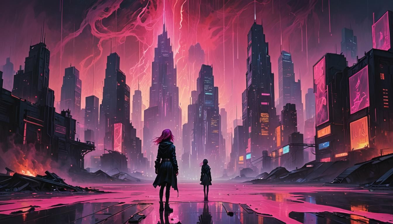 Girl in Cyberpunk Metropolis, Surrealist Painting