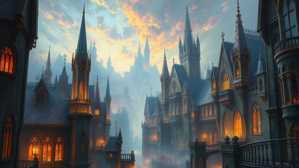 Mystical Gothic Cityscape in Dreamlike Vivid Colors