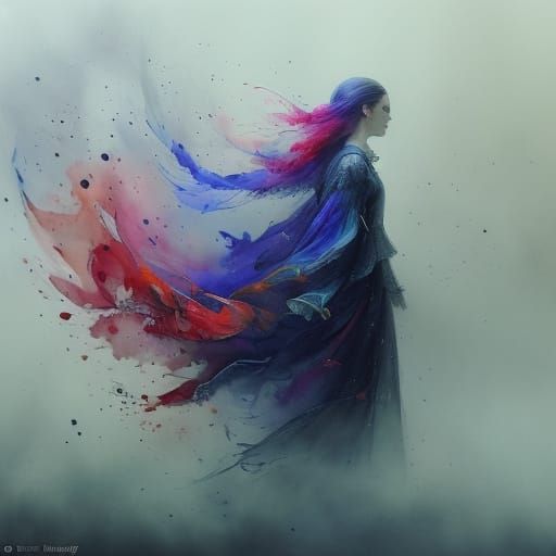 Young Woman in Floral Dress, Stylized Watercolour