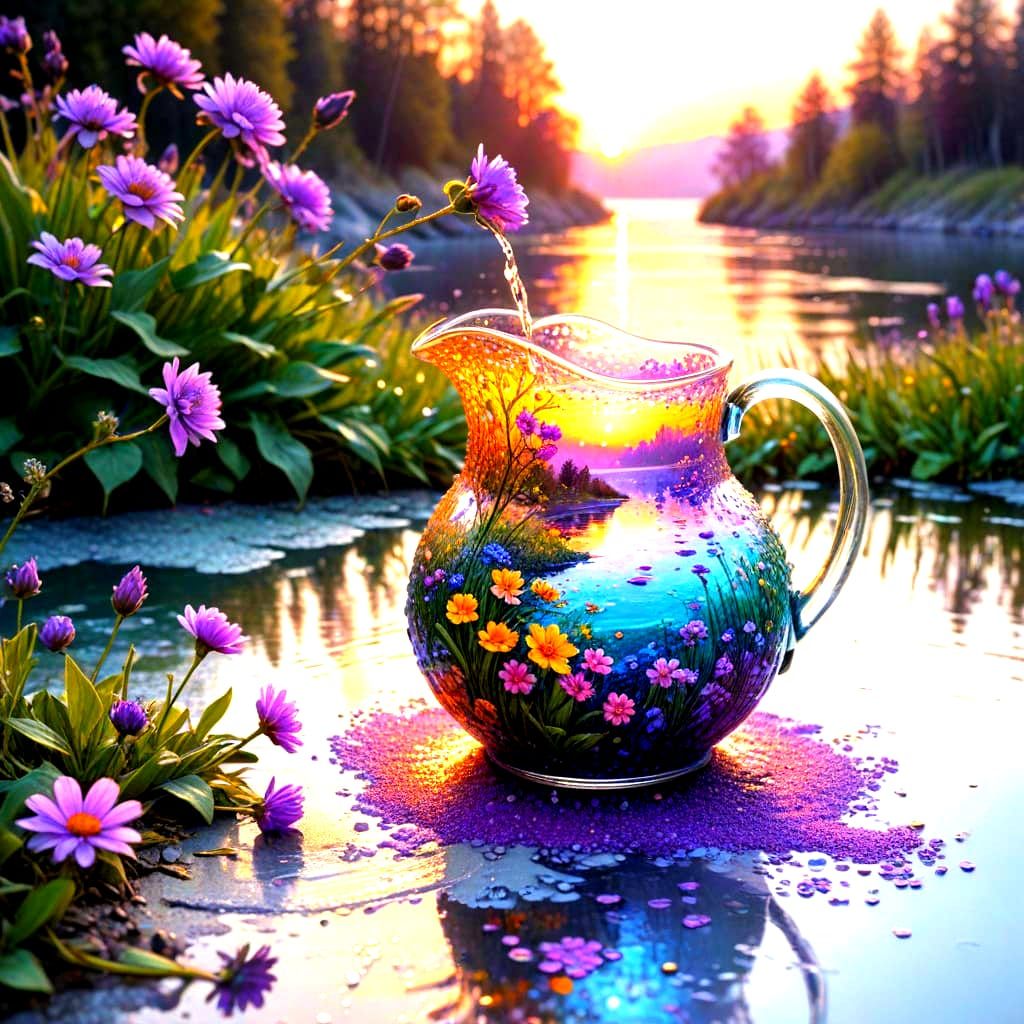 Floral River Pours From Jug in Miniature Landscape