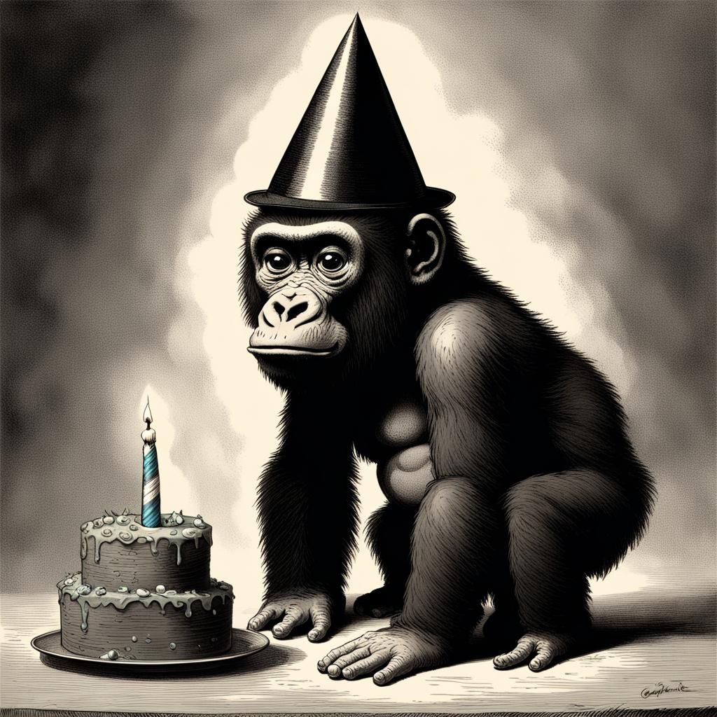 Horror Baby Gorilla in Birthday Hat