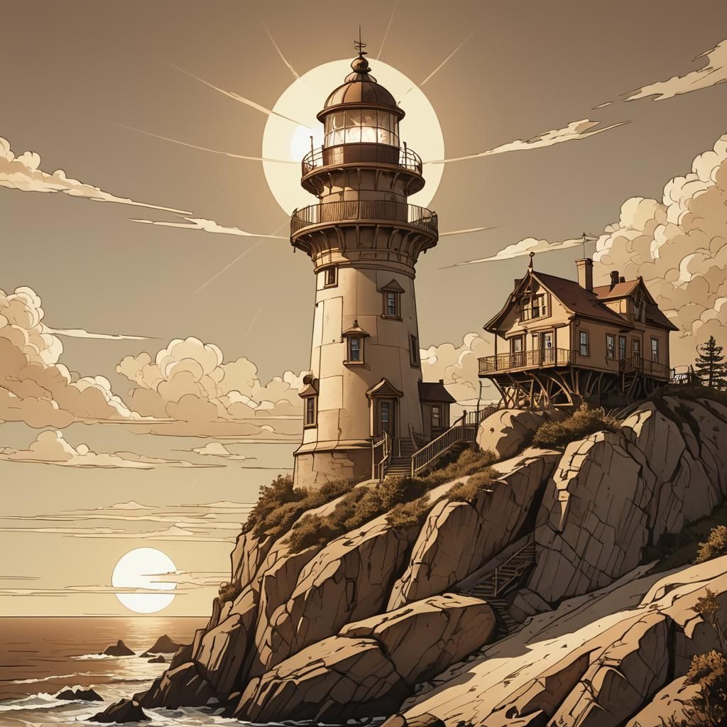 Baroque Lighthouse with Clockwork Base in Sepia Tones
