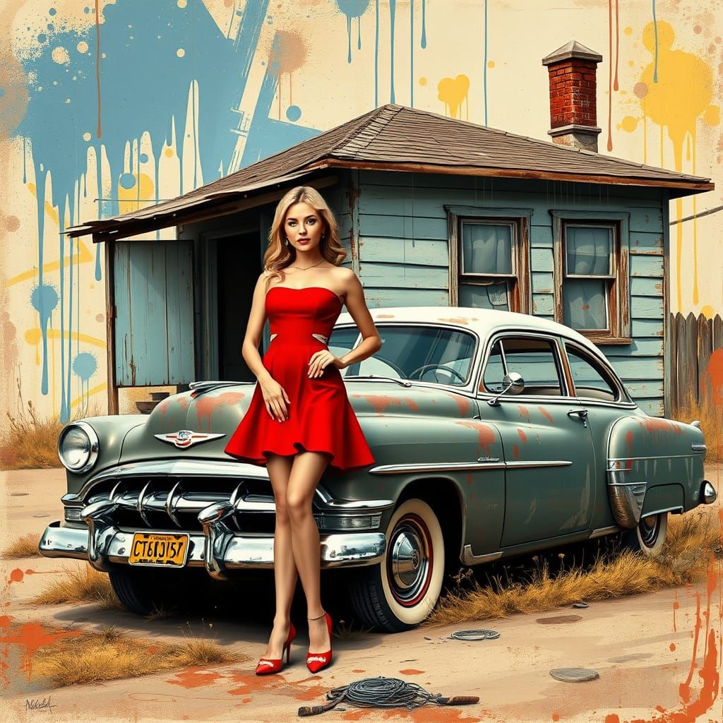 Lady in Vibrant Red Dress Amidst Retro Futuristic Landscape