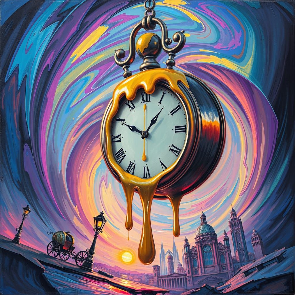 Melting Clock in Iridescent Vortex, Polychromatic Digital Ar...