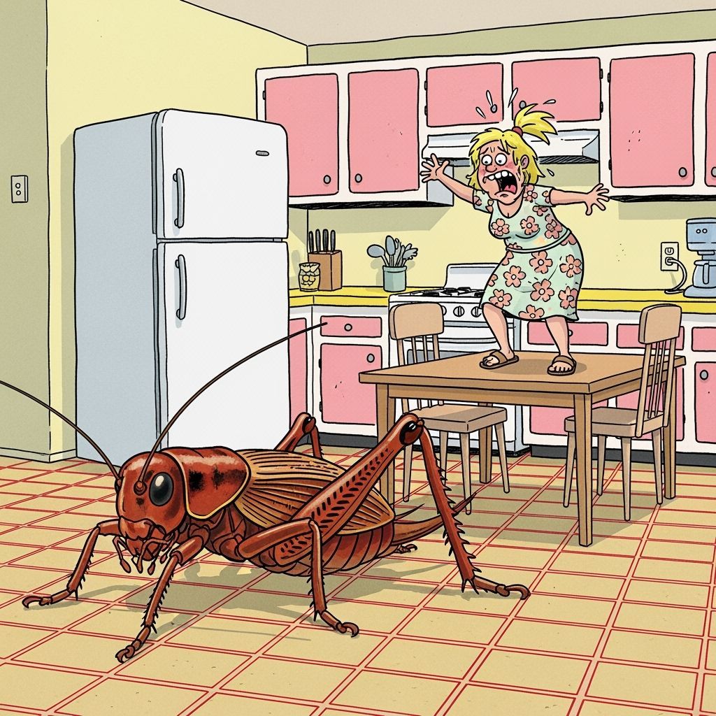 Humorous Cartoon of King Cricket Scaring Woman