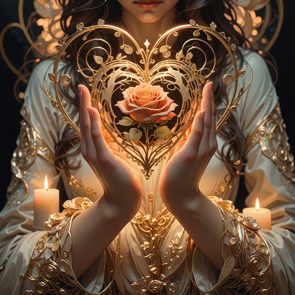 Symbol of Love: Clasped Hands, Glowing Heart, and Rose