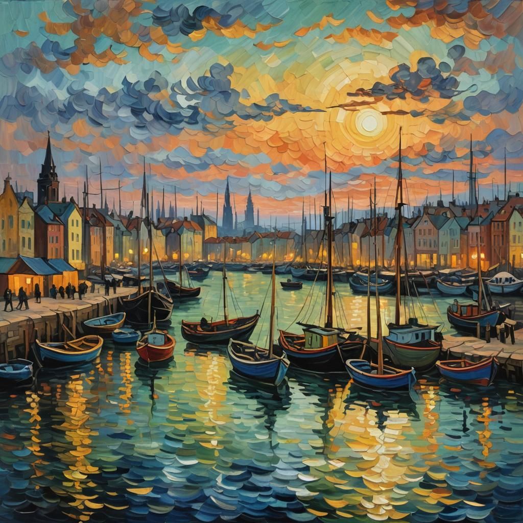 Sunset Fishing Port: Van Gogh-Style Oil Painting