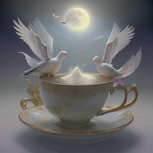 Doves Share Tea on the Moon in Ethereal Style