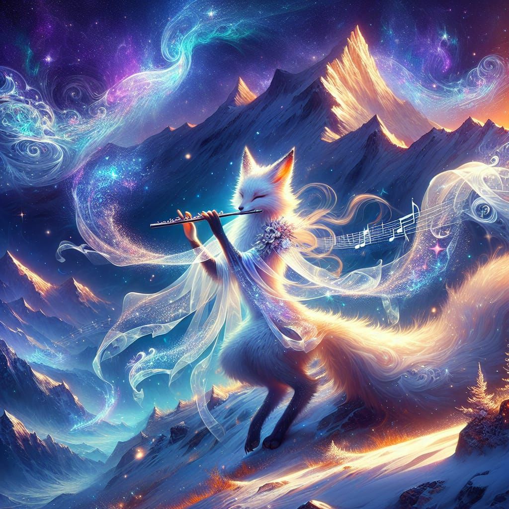Fox Musician on Snowy Mountain, Anime Concept Art